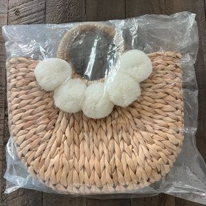 Straw Purse with White Pom Poms - Bride, Engagement, Wedding
